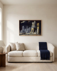Fantastic Ruins by François de Nomé framed in natural oak above a cream sofa in a warm living room