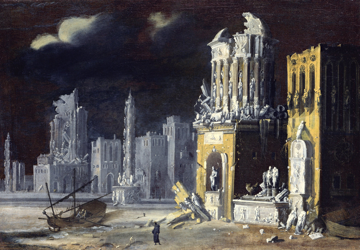 Fantastic Ruins by François de Nomé: pale crumbling towers and statues on a shore under a dark sky, two tiny figures