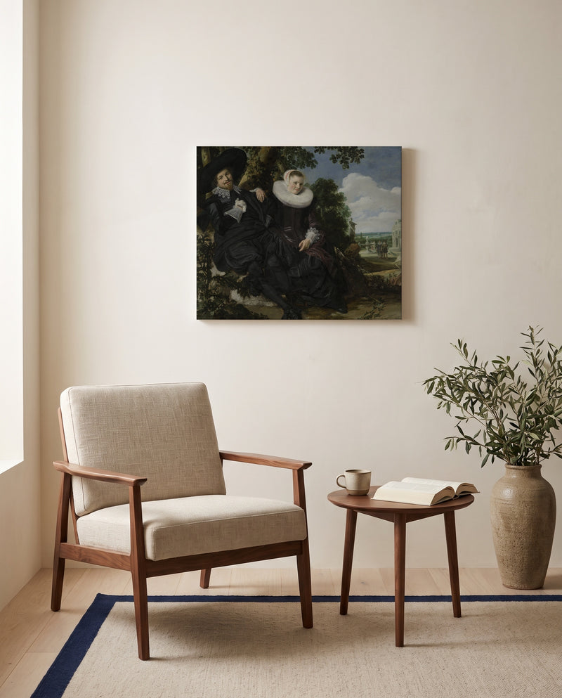 Isaac Massa and Beatrix by Frans Hals as a stretched canvas above a linen lounge chair in a reading corner
