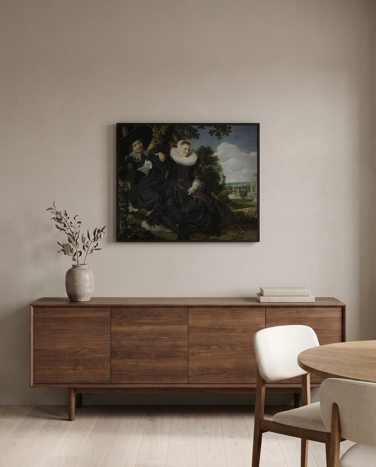 Isaac Massa and Beatrix by Frans Hals in a black frame above a walnut sideboard in a dining room