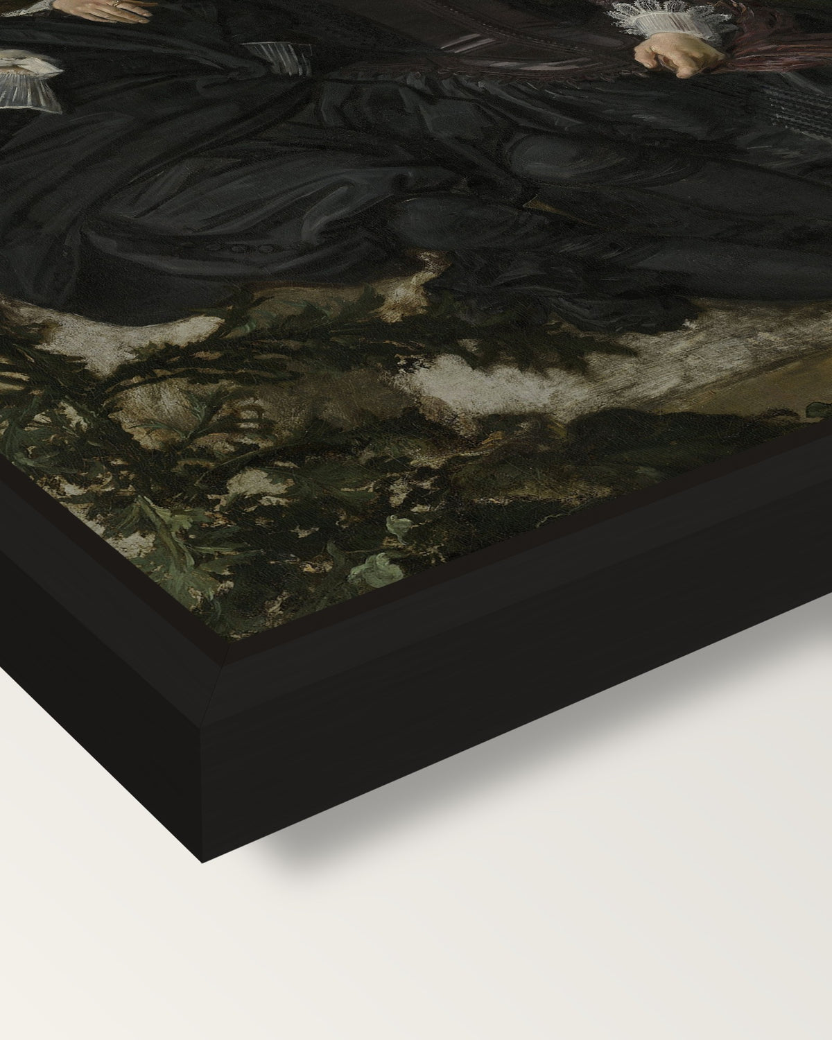 Isaac Massa and Beatrix by Hals framed canvas, corner close-up: a black floating frame with a shadow gap round the canvas