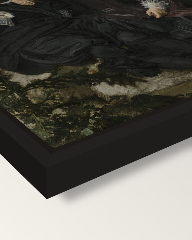 Isaac Massa and Beatrix by Hals framed canvas, corner close-up: a black floating frame with a shadow gap round the canvas