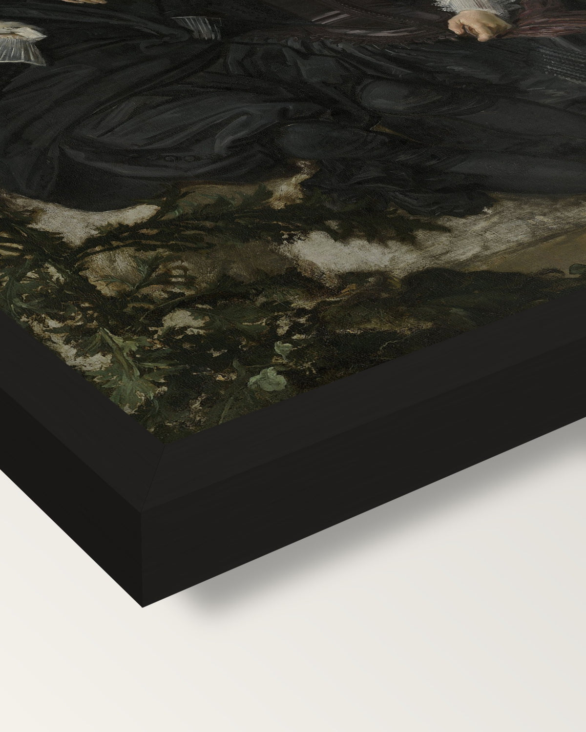 Isaac Massa and Beatrix by Hals framed print, corner close-up: black moulding, mitred, the print set just below its edge