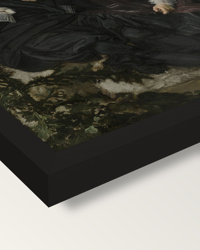 Isaac Massa and Beatrix by Hals framed print, corner close-up: black moulding, mitred, the print set just below its edge