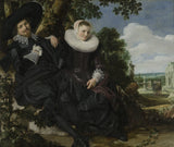 Marriage portrait by Frans Hals: a smiling couple in black with white ruffs sitting under a tree, a garden behind