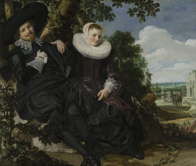 Marriage portrait by Frans Hals: a smiling couple in black with white ruffs sitting under a tree, a garden behind