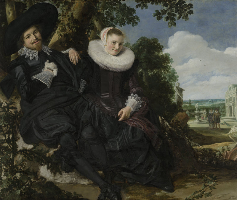 Marriage portrait by Frans Hals: a smiling couple in black with white ruffs sitting under a tree, a garden behind