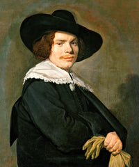 Portrait of a Young Man by Frans Hals: a young man in a wide black hat, a white lace collar and black coat, holding gloves