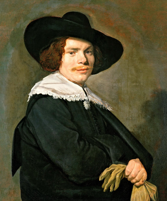 Portrait of a Young Man by Frans Hals: a young man in a wide black hat, a white lace collar and black coat, holding gloves