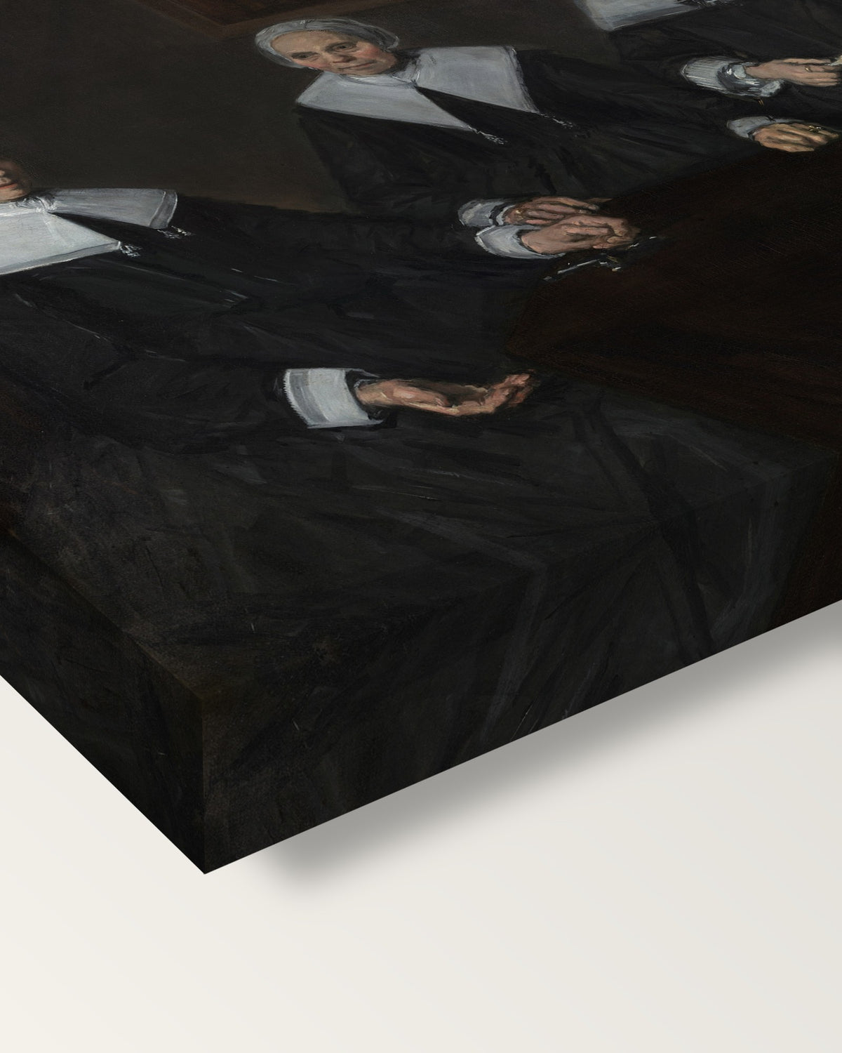 The Regentesses by Frans Hals on stretched canvas, corner close-up: the painting mirror-wrapped round the sides