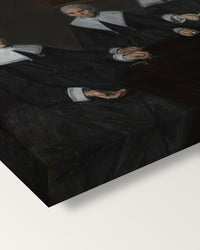 The Regentesses by Frans Hals on stretched canvas, corner close-up: the painting mirror-wrapped round the sides