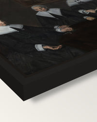 The Regentesses by Frans Hals framed canvas, corner close-up: a black floating frame with a shadow gap round the canvas