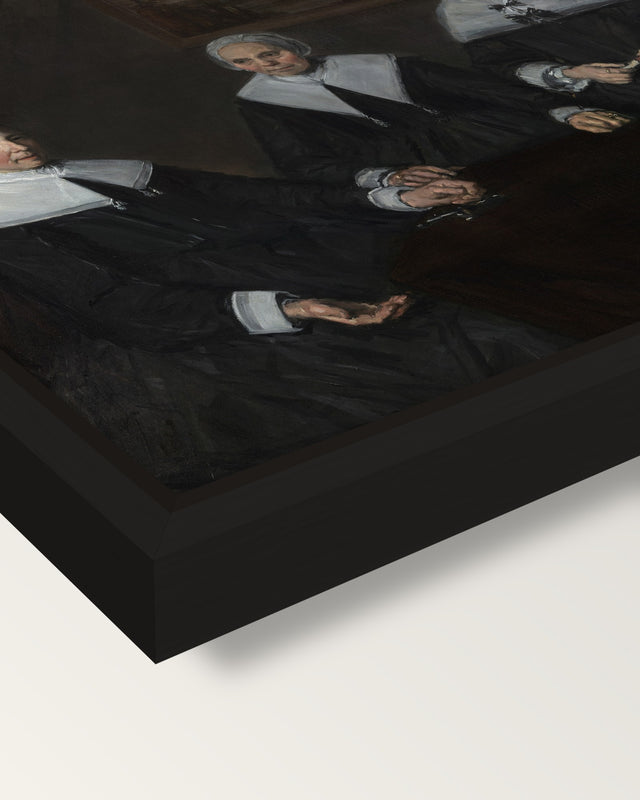 The Regentesses by Frans Hals framed canvas, corner close-up: a black floating frame with a shadow gap round the canvas