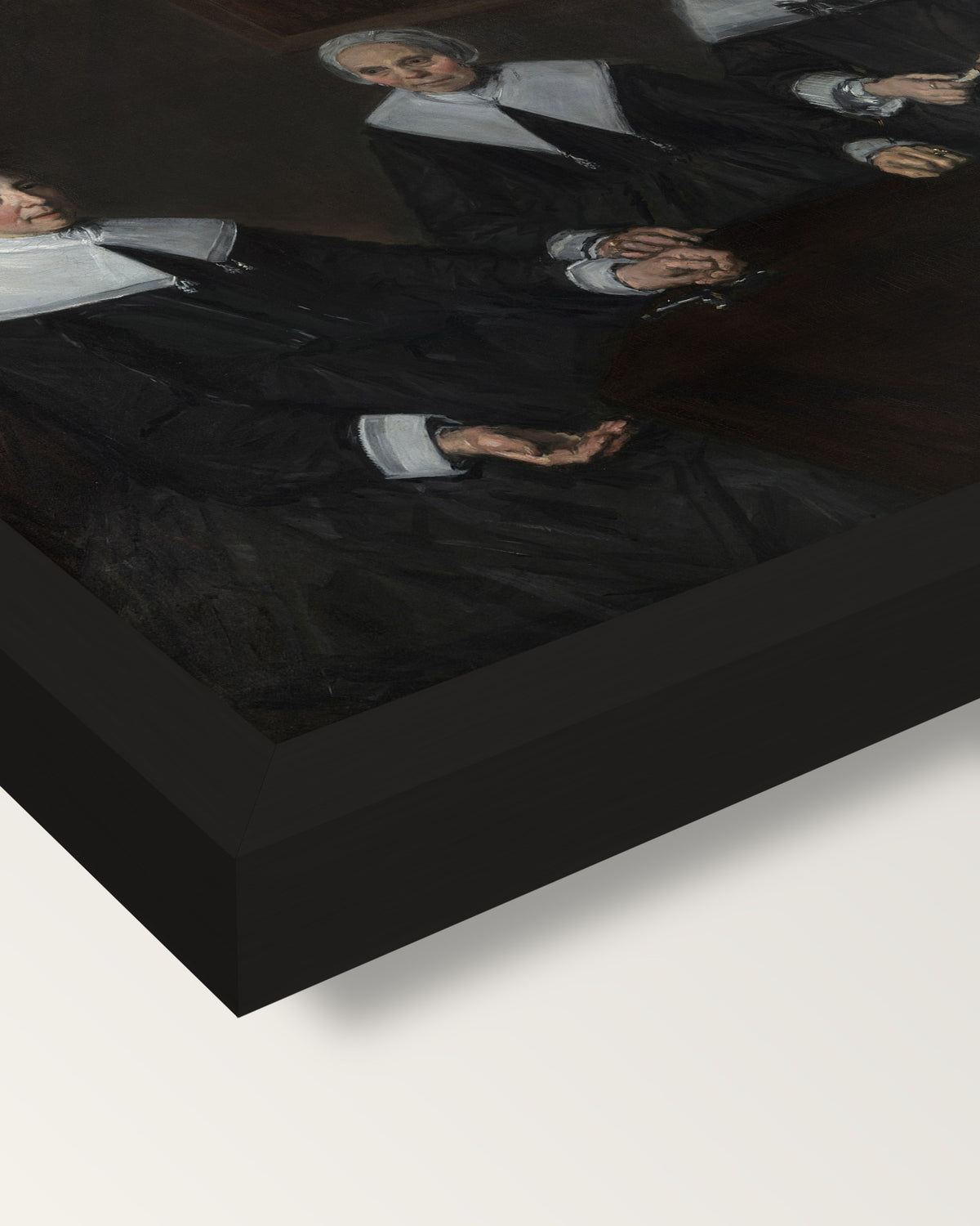 The Regentesses by Frans Hals framed print, corner close-up: black moulding, mitred, the print set just below its edge