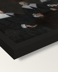 The Regentesses by Frans Hals framed print, corner close-up: black moulding, mitred, the print set just below its edge