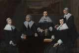 Regentesses by Frans Hals: four women in black with white collars seated at a table, and a housekeeper standing