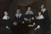 Regentesses by Frans Hals: four women in black with white collars seated at a table, and a housekeeper standing