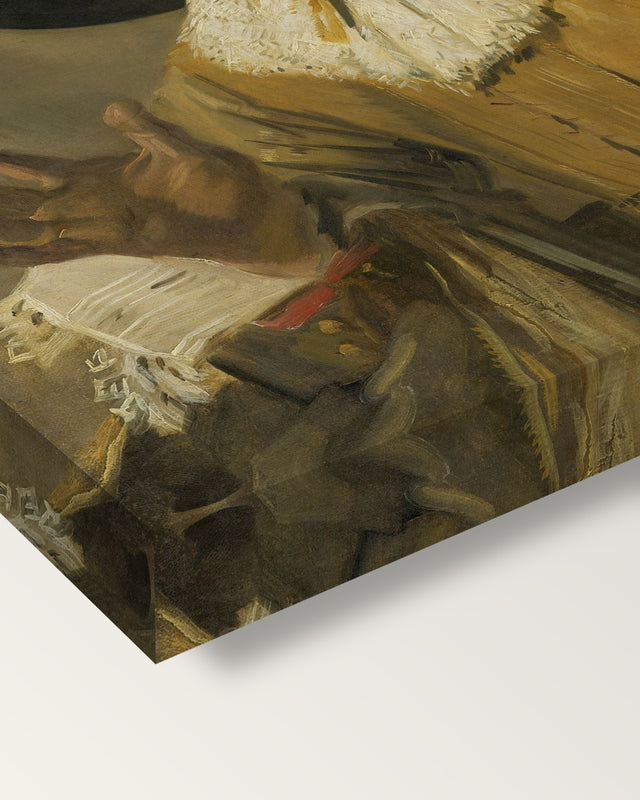 The Merry Drinker by Frans Hals on stretched canvas, corner close-up: the painting mirror-wrapped round the sides