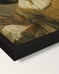 The Merry Drinker by Frans Hals framed canvas, corner close-up: a black floating frame with a shadow gap round the canvas