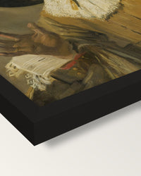 The Merry Drinker by Frans Hals framed print, corner close-up: black moulding, mitred, the print set just below its edge