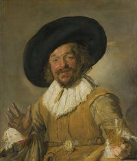 The Merry Drinker by Frans Hals: a smiling man in a tilted black hat and lace collar, holding up a glass of wine