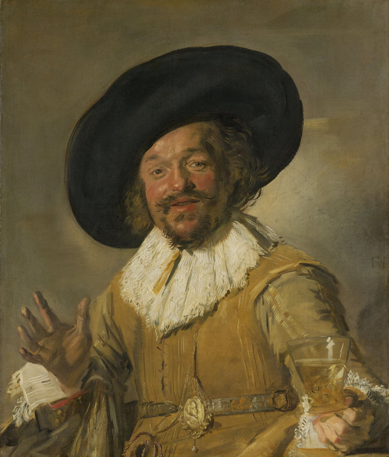 The Merry Drinker by Frans Hals: a smiling man in a tilted black hat and lace collar, holding up a glass of wine