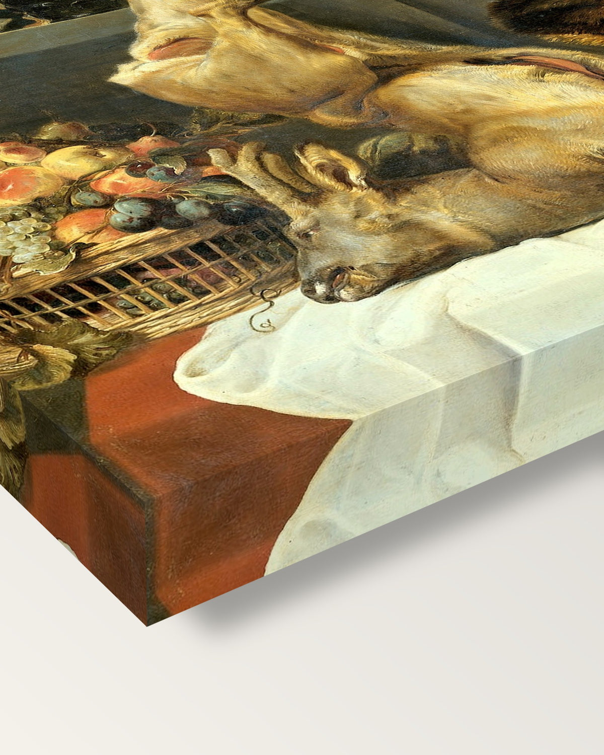 Deer, Boar and Lobster by Frans Snyders on stretched canvas, corner close-up: the painting mirror-wrapped round the sides