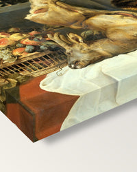 Deer, Boar and Lobster by Frans Snyders on stretched canvas, corner close-up: the painting mirror-wrapped round the sides
