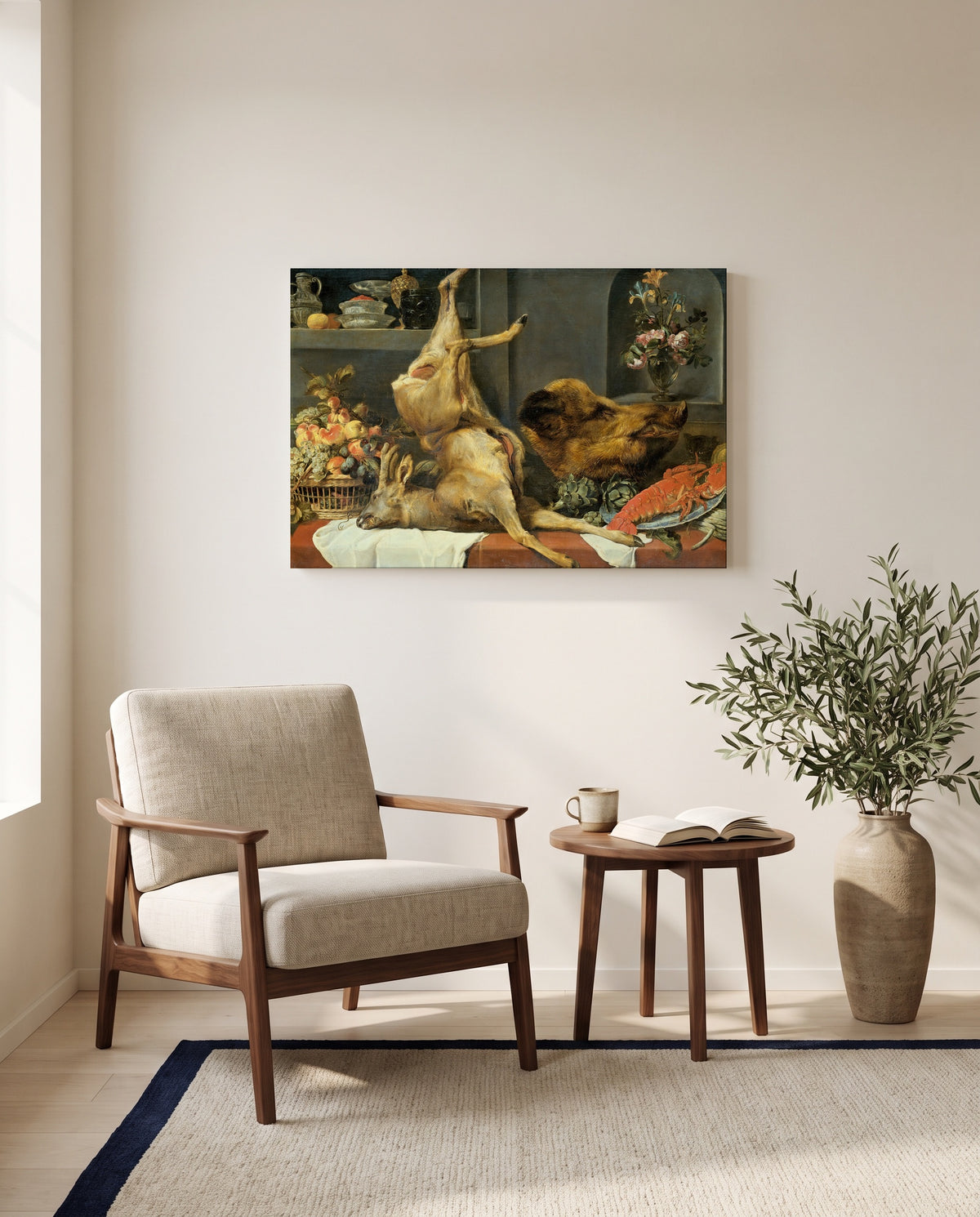 Deer, Boar and Lobster by Frans Snyders as a stretched canvas above a linen lounge chair in a reading corner