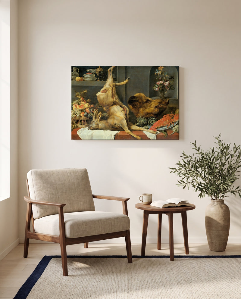 Deer, Boar and Lobster by Frans Snyders as a stretched canvas above a linen lounge chair in a reading corner