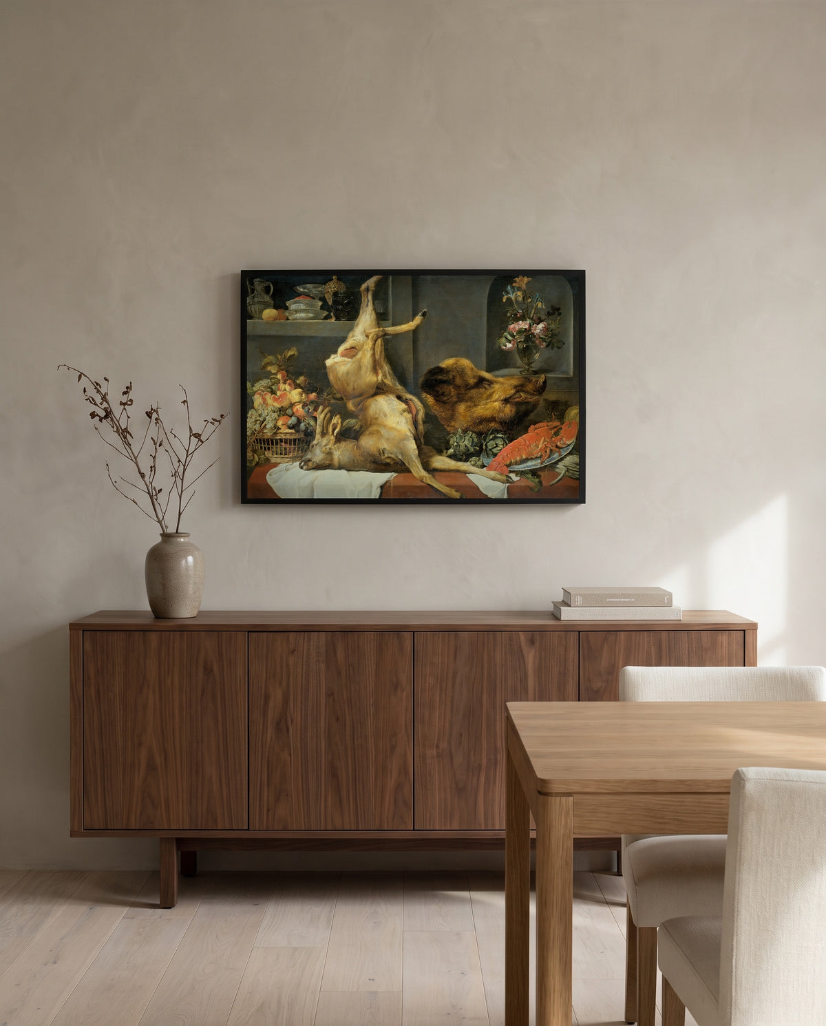 Deer, Boar and Lobster by Frans Snyders in a black frame above a walnut sideboard in a dining room