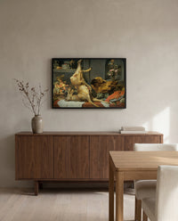 Deer, Boar and Lobster by Frans Snyders in a black frame above a walnut sideboard in a dining room