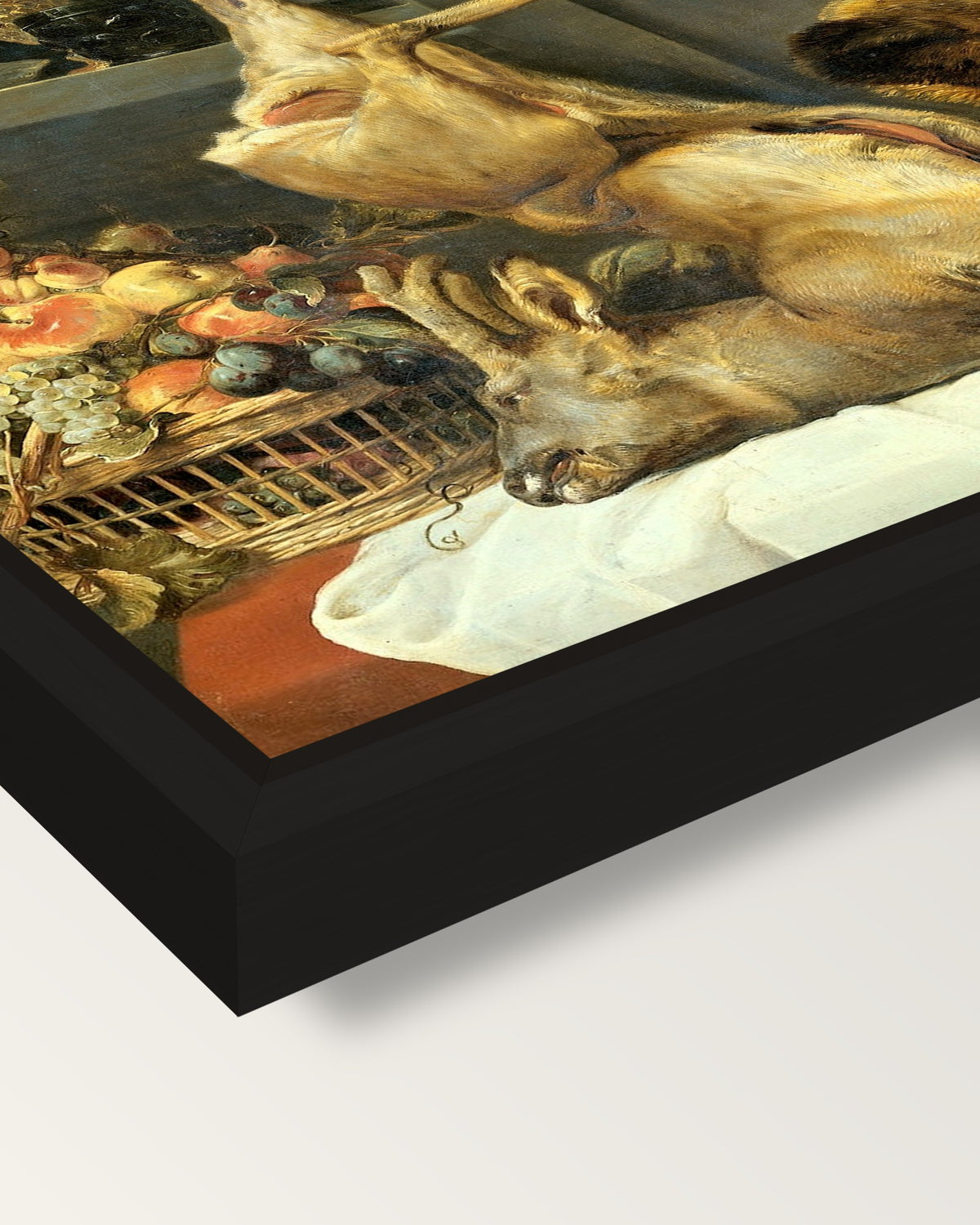 Deer, Boar and Lobster by Snyders framed canvas, corner close-up: a black floating frame with a shadow gap round the canvas