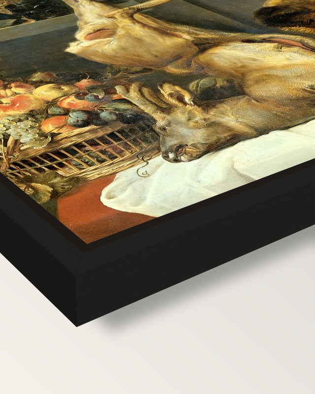 Deer, Boar and Lobster by Snyders framed canvas, corner close-up: a black floating frame with a shadow gap round the canvas