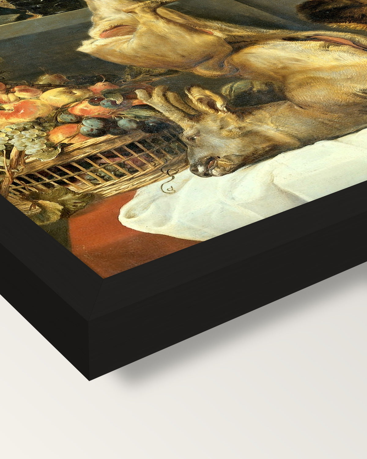 Deer, Boar and Lobster by Snyders framed print, corner close-up: black moulding, mitred, the print set just below its edge