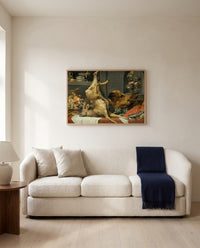 Deer, Boar and Lobster by Frans Snyders framed in natural oak above a cream sofa in a warm living room