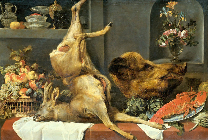 Larder Still Life by Frans Snyders: a hanging roe deer, a boar’s head, a red lobster and a basket of fruit on a table