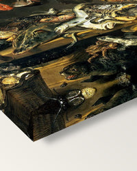The Fish Shop by Frans Snyders on stretched canvas, corner close-up: the painting mirror-wrapped round the sides