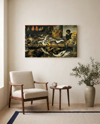 The Fish Shop by Frans Snyders as a stretched canvas above a linen lounge chair in a reading corner