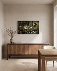 The Fish Shop by Frans Snyders in a black frame above a walnut sideboard in a dining room