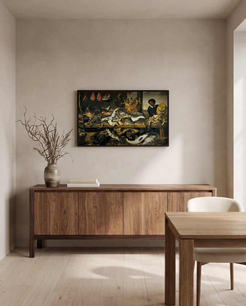 The Fish Shop by Frans Snyders in a black frame above a walnut sideboard in a dining room