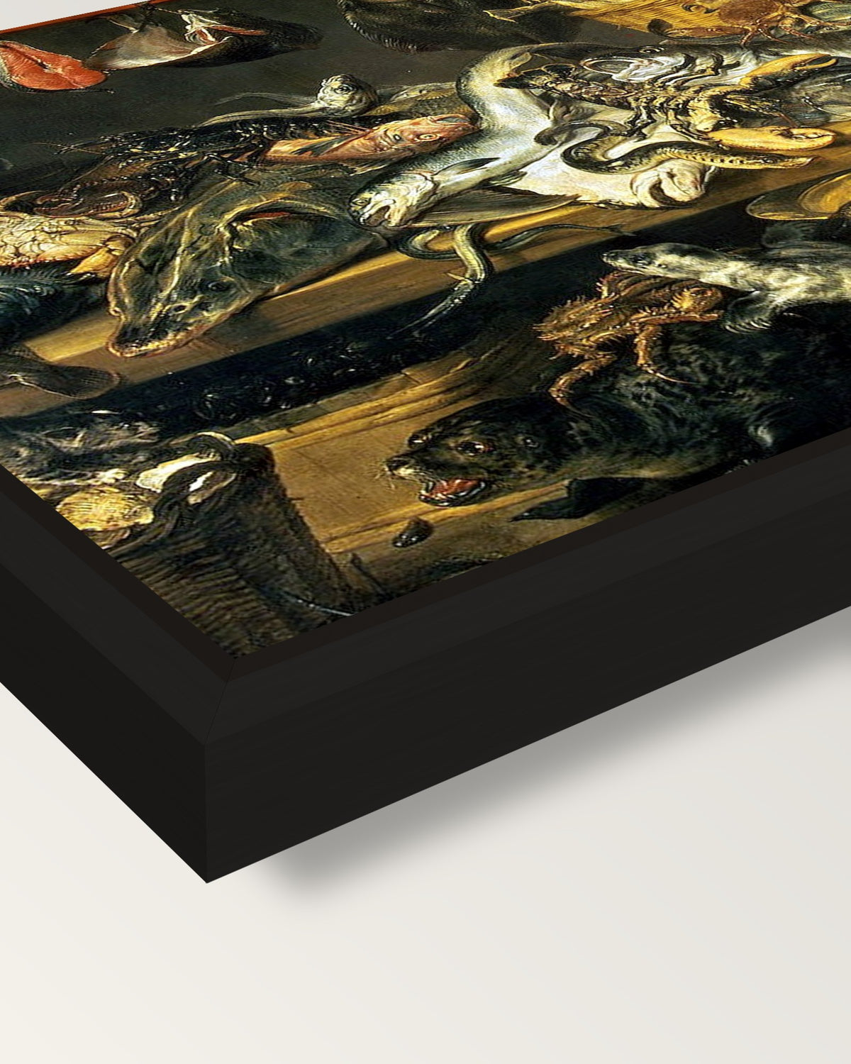 The Fish Shop by Frans Snyders framed canvas, corner close-up: a black floating frame with a shadow gap round the canvas