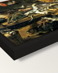 The Fish Shop by Frans Snyders framed canvas, corner close-up: a black floating frame with a shadow gap round the canvas