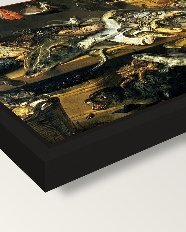 The Fish Shop by Frans Snyders framed canvas, corner close-up: a black floating frame with a shadow gap round the canvas
