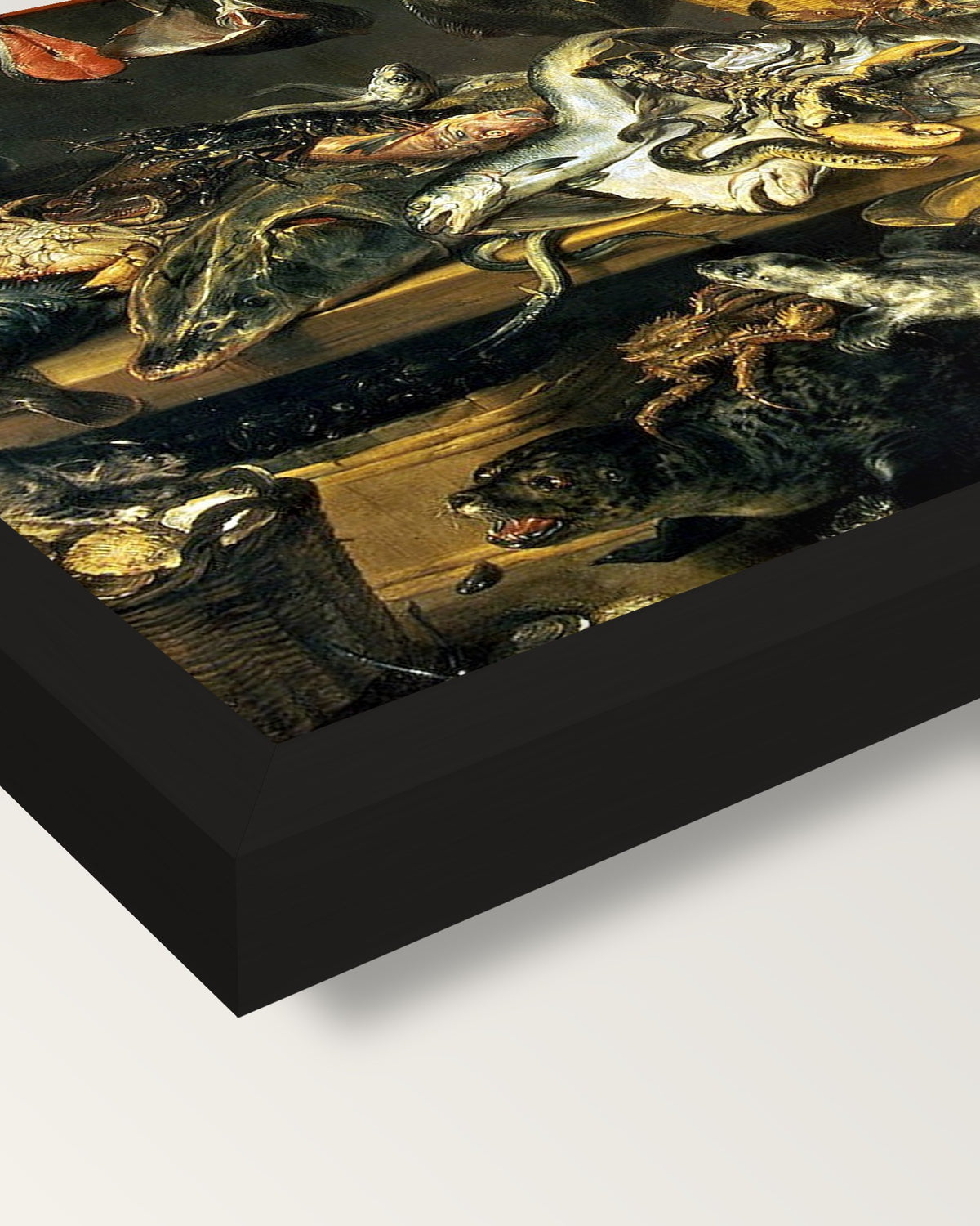 The Fish Shop by Frans Snyders framed print, corner close-up: black moulding, mitred, the print set just below its edge