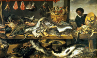 The Fish Shop by Frans Snyders: a long market counter heaped with a pale ray, salmon, lobsters and crabs, a fishmonger beside