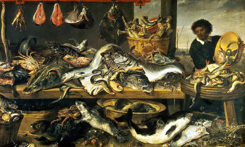 The Fish Shop by Frans Snyders: a long market counter heaped with a pale ray, salmon, lobsters and crabs, a fishmonger beside