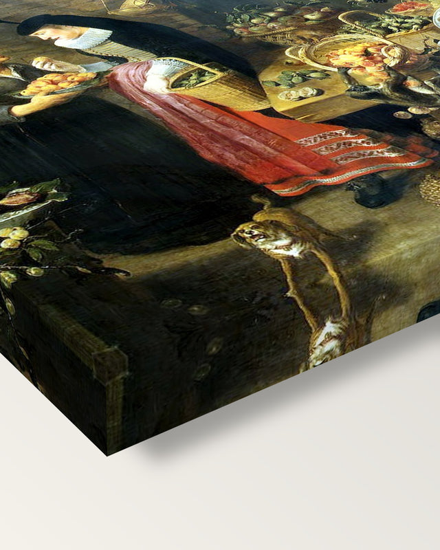 The Fruit Shop by Frans Snyders on stretched canvas, corner close-up: the painting mirror-wrapped round the sides
