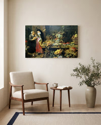 The Fruit Shop by Frans Snyders as a stretched canvas above a linen lounge chair in a reading corner
