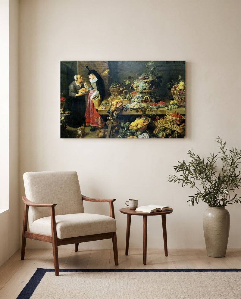 The Fruit Shop by Frans Snyders as a stretched canvas above a linen lounge chair in a reading corner